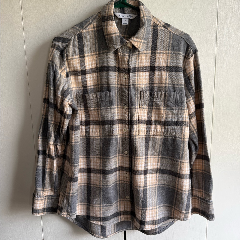 Old Navy Tan and Gray Plaid Boyfriend Shirt